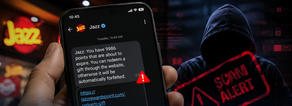 Fraudulent SMS appearing from Jazz official number directing users to a fake rewards websiteFraudulent SMS appearing from Jazz official number directing users to a fake rewards website